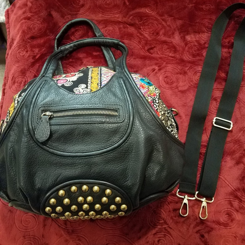 Isabella Fiore ~ Black Leather & Tapestry Handbag